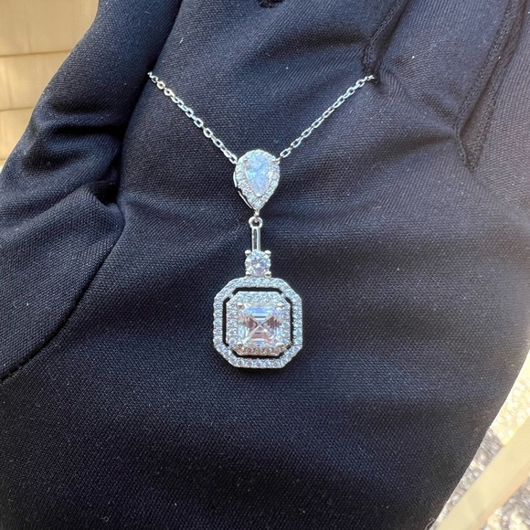 New Moissanite Asscher Cut Necklace 1.2CT, 18K White Gold Plated Sterling Silver - Picture 14 of 17